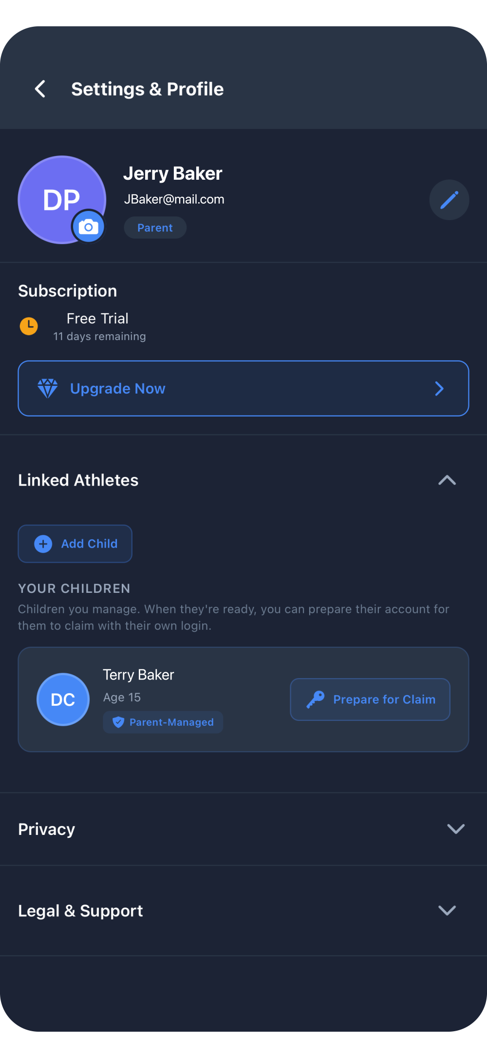 Replay Sports parent profile screen
