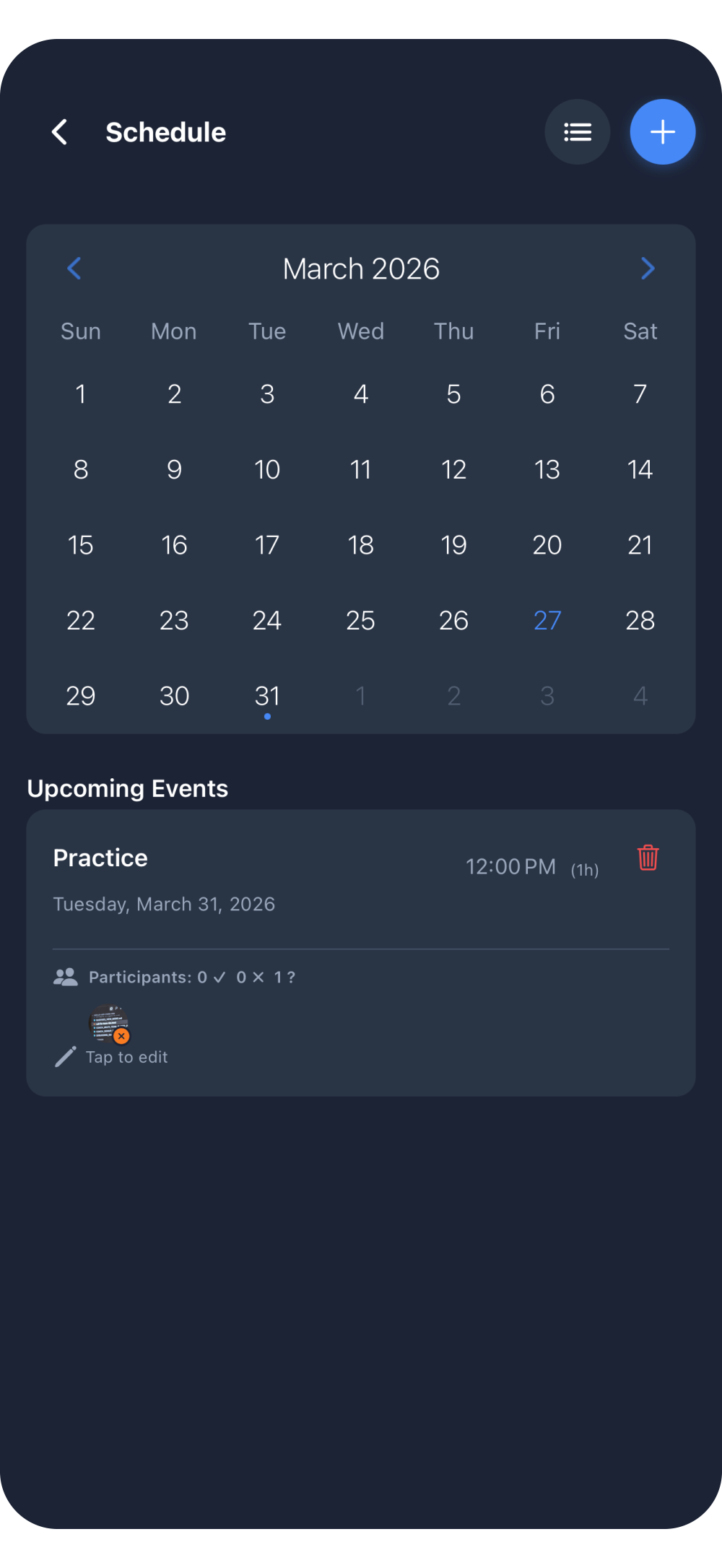 Replay Sports schedule screen