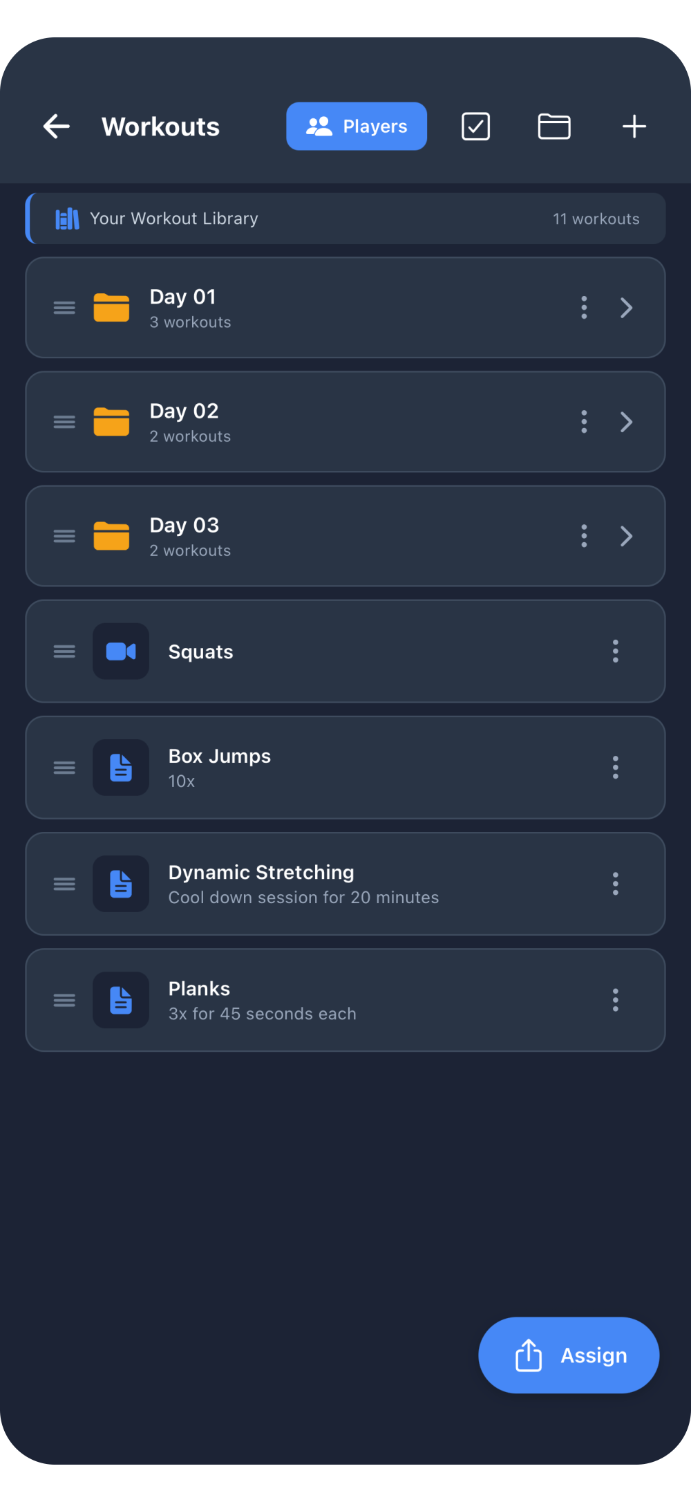 Replay Sports workouts screen